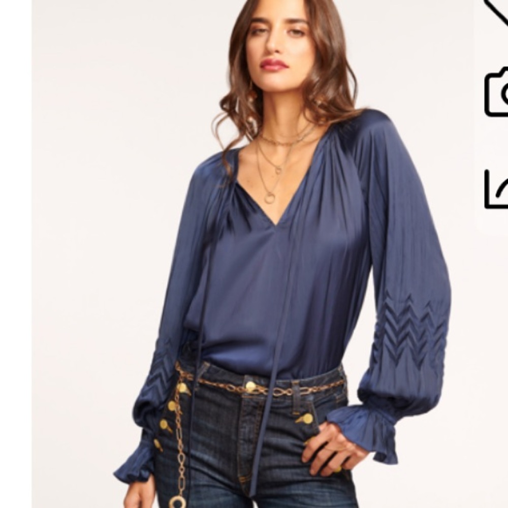 Ramy Brook Blake V-Neck Blouse with Long Sleeves in Navy